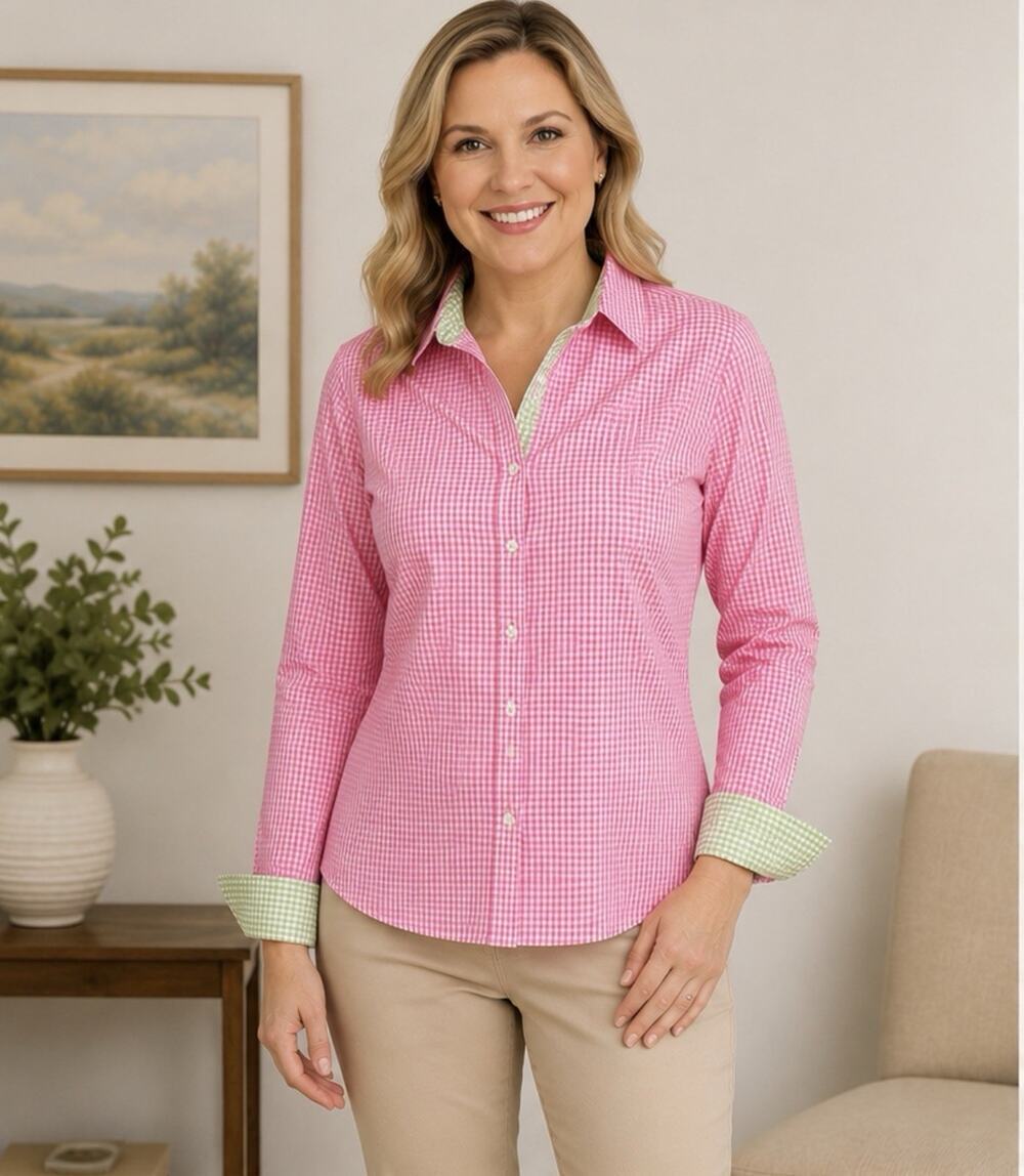 Brooks Brothers 346 Womens 14 Fitted Non-Iron Button Down Pink Gingham Shirt EUC